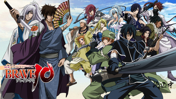 Anime picture 1600x900 with brave 10 isanami anastasia sarutobi sasuke (brave 10) jinpachi nezu saizo kirigakure sanada yukimura (brave 10) date masamune (brave 10) benmaru kakei juzo long hair fringe short hair breasts open mouth black hair blonde hair smile brown hair wide image