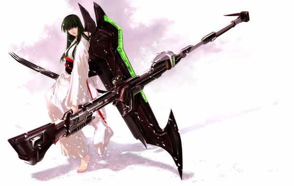 Anime picture 3500x2227 with super robot wars ouka nagisa jian huang single long hair highres yellow eyes absurdres japanese clothes barefoot green hair girl weapon kimono