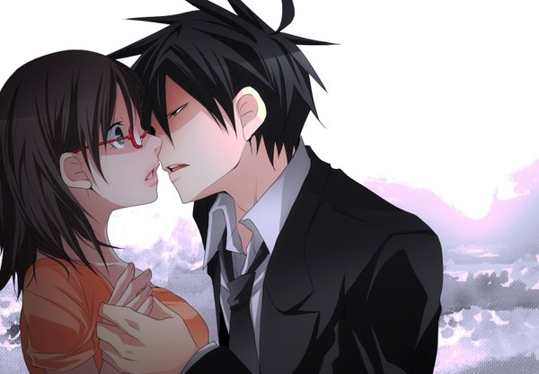 Anime picture 1600x1110 with yondemasu yo, azazel-san production i.g akutabe sakuma rinko short hair black hair green eyes profile couple almost kiss girl boy glasses