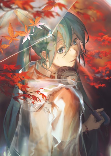 Anime picture 750x1050 with vocaloid hatsune miku spencer sais single long hair tall image fringe hair between eyes twintails holding upper body looking back aqua eyes from above aqua hair autumn headphones around neck transparent umbrella girl headphones
