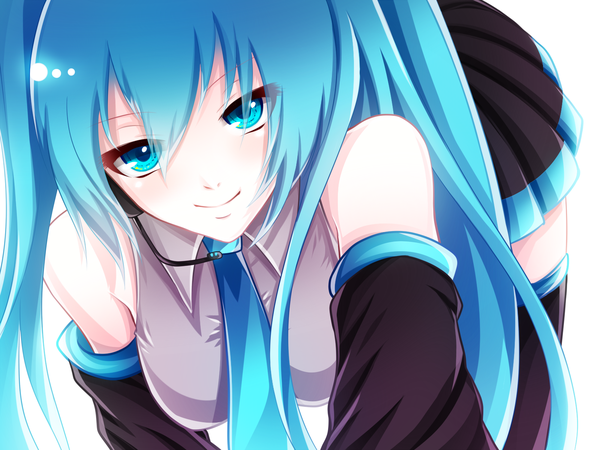 Anime picture 1600x1200 with vocaloid hatsune miku heki kiri (artist) single long hair blue eyes smile bare shoulders blue hair pleated skirt zettai ryouiki girl detached sleeves necktie headphones microphone