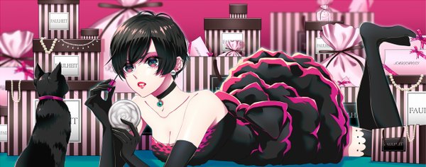 Anime picture 1303x514 with original ohagi (ymnky) fringe short hair open mouth black hair wide image bare shoulders bent knee (knees) lying no shoes lipstick pink lipstick girl thighhighs dress gloves black thighhighs earrings animal