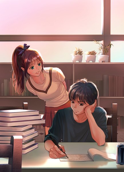 Anime picture 791x1095 with original gonzz (gon2rix) long hair tall image blush fringe short hair brown hair standing sitting holding brown eyes green eyes payot looking away ponytail red hair indoors blunt bangs parted lips