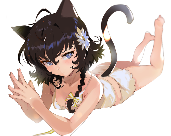 Anime picture 2905x2328 with original arutera single looking at viewer blush fringe highres short hair breasts light erotic black hair simple background white background animal ears ahoge tail lying braid (braids) animal tail barefoot