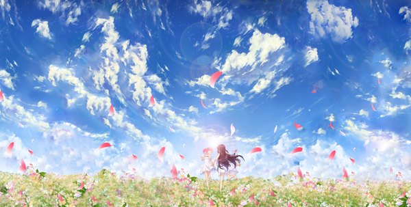 Anime picture 3555x1800 with mahou shoujo madoka magica shaft (studio) akemi homura kaname madoka azmodan long hair highres short hair open mouth black hair smile wide image multiple girls pink hair sky cloud (clouds) eyes closed barefoot holding hands field