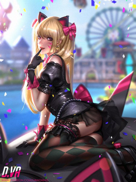 Anime picture 750x1000 with overwatch blizzard entertainment d.va (overwatch) meka (overwatch) black cat d.va liang xing single long hair tall image looking at viewer fringe light erotic blonde hair sitting twintails brown eyes signed animal ears payot full body