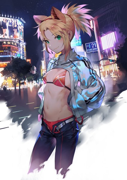 Anime picture 868x1228 with fate (series) fate/grand order fate/apocrypha mordred (fate) salmon88 single tall image looking at viewer blush fringe short hair breasts light erotic blonde hair smile green eyes animal ears payot ponytail night