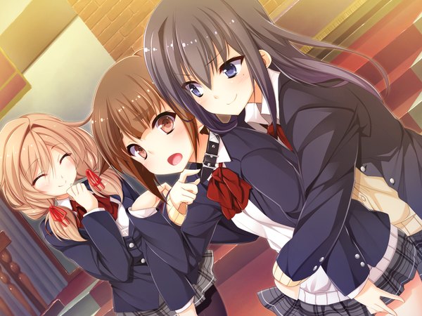 Anime picture 1024x768 with kimihane kanojo to kanojo no koi suru ikkagetsu asou fumi ogata rin (kimihane) natsume hina long hair blush short hair open mouth blue eyes black hair smile brown hair multiple girls brown eyes game cg eyes closed girl uniform school uniform 3 girls