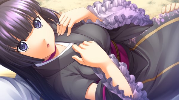 Аниме картинка 1280x720 с izuna zanshinken (game) длинные волосы голубые глаза широкое изображение game cg фиолетовые волосы японская одежда девушка кимоно