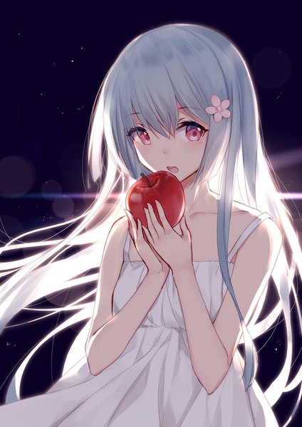 Anime picture 1000x1415 with original bison cangshu single long hair tall image looking at viewer blush fringe open mouth simple background hair between eyes red eyes standing holding payot hair flower grey hair sleeveless floating hair lens flare