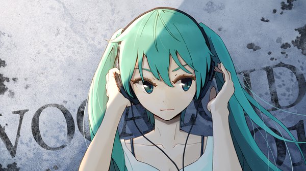 Anime picture 1920x1080 with vocaloid hatsune miku anyotete single long hair fringe highres hair between eyes wide image twintails looking away upper body aqua eyes sunlight aqua hair grey background shadow wallpaper copyright name hand on headphones