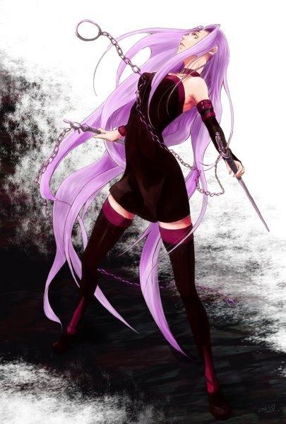 Anime picture 1181x1748 with fate (series) fate/stay night studio deen type-moon rider matsumoto (pixiv 1171609) single tall image looking at viewer bare shoulders holding yellow eyes pink hair full body very long hair dual wielding girl thighhighs dress weapon