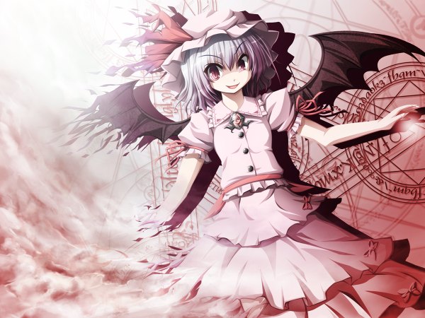 Anime picture 1200x900 with touhou remilia scarlet akashio (loli ace) short hair red eyes blue hair wallpaper girl dress skirt hat wings skirt set