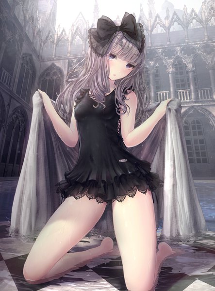Anime picture 1447x1957 with original missle228 single long hair tall image looking at viewer blush fringe open mouth blue eyes light erotic holding blunt bangs head tilt barefoot grey hair wet kneeling partially submerged covered navel