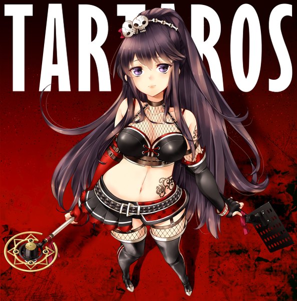 Anime picture 1200x1215 with tartaros online yamaki suzume single long hair tall image looking at viewer light erotic black hair purple eyes bare shoulders ponytail tail girl navel hair ornament detached sleeves miniskirt fingerless gloves skull hair ornament