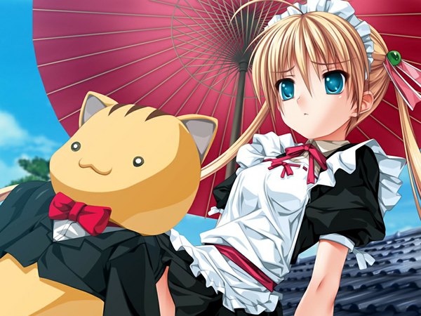 Anime picture 1024x768 with like a butler akitsuhara mizuho senomoto hisashi long hair blue eyes blonde hair twintails game cg maid loli girl umbrella