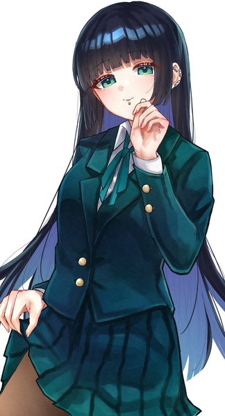 Anime picture 2727x5056 with bocchi the rock! cloverworks pa-san yozakurayuyu single long hair tall image looking at viewer fringe highres black hair simple background white background payot blue hair blunt bangs pleated skirt multicolored hair aqua eyes two-tone hair