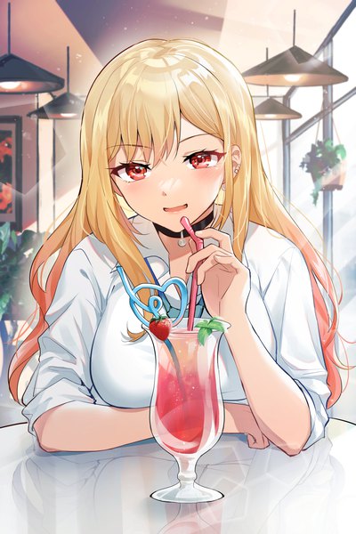 Anime picture 2000x3000 with sono bisque doll wa koi wo suru cloverworks kitagawa marin oenothera single long hair tall image looking at viewer blush fringe highres breasts open mouth blonde hair red eyes large breasts sitting indoors sunlight piercing