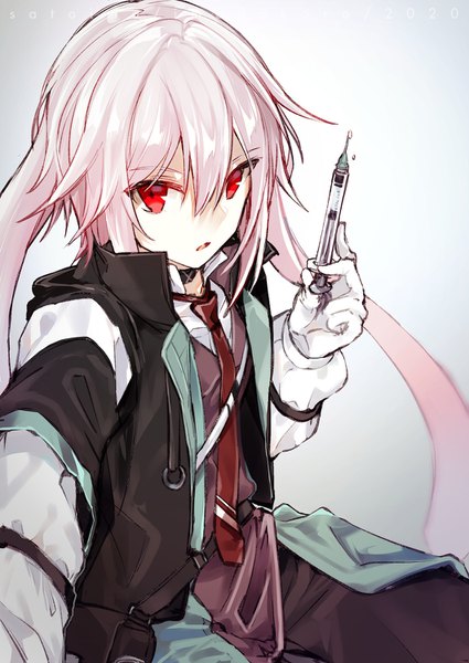 Anime picture 1062x1500 with arknights ansel (arknights) satoimo (3311 mi) single tall image looking at viewer fringe short hair hair between eyes red eyes holding animal ears pink hair bunny ears boy gloves necktie white gloves syringe