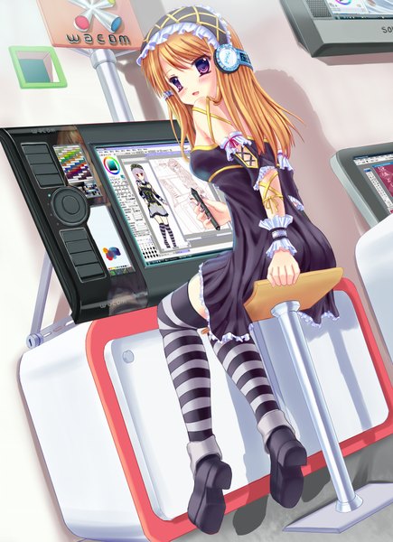 Anime picture 1500x2068 with original yurina (artist) tall image purple eyes orange hair painting girl thighhighs headphones striped thighhighs bonnet monitor