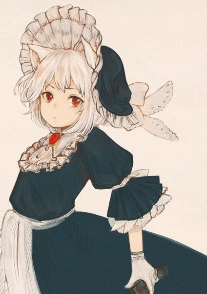 Anime picture 1500x2123 with original ikoan single tall image looking at viewer fringe short hair simple background red eyes white background holding animal ears white hair cat ears puffy sleeves albino girl dress gloves weapon