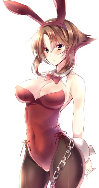 Anime picture 790x1500 with kantai collection mutsu battleship amane ruri single tall image blush highres short hair breasts open mouth light erotic simple background brown hair large breasts white background bare shoulders green eyes animal ears tail animal tail