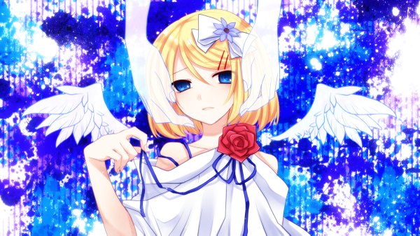 Anime-Bild 2400x1350 mit vocaloid kagamine rin yayoi (egoistic realism) single highres short hair blue eyes blonde hair wide image girl flower (flowers) wings rose (roses) red rose hands