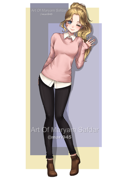 Anime picture 2480x3508 with original mari945 single long hair tall image looking at viewer highres blue eyes simple background blonde hair smile standing signed full body ponytail one eye closed wink shadow leaning sleeves past wrists