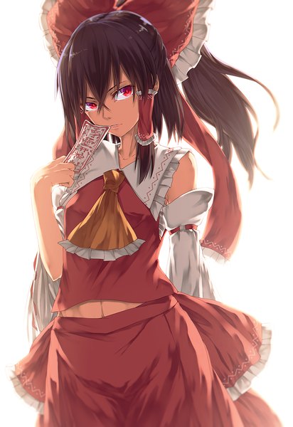 Anime picture 825x1200 with touhou hakurei reimu ibuki notsu single long hair tall image looking at viewer black hair red eyes white background traditional clothes miko girl skirt bow hair bow detached sleeves skirt set ofuda