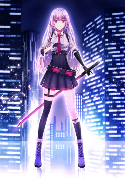 Anime picture 1240x1754 with original kaen (k-artworks) single long hair tall image looking at viewer pink hair pink eyes girl skirt gloves weapon sword black gloves necktie boots katana
