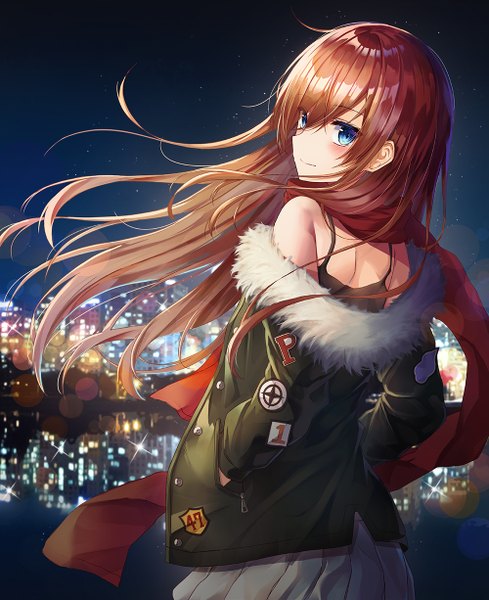Anime picture 1000x1226 with original lkeris single long hair tall image looking at viewer blush fringe blue eyes smile hair between eyes brown hair standing outdoors pleated skirt looking back wind from behind off shoulder night