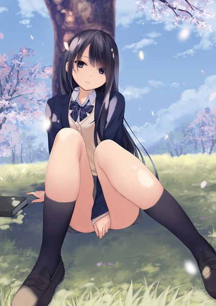 Anime picture 1357x1920 with original shiramine rika coffee-kizoku single long hair tall image looking at viewer fringe light erotic black hair purple eyes sky cloud (clouds) bent knee (knees) long sleeves parted lips open clothes arm support between legs spring