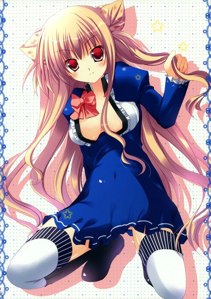 Anime picture 2052x2911 with original mizusawa mimori single long hair tall image looking at viewer blush highres breasts light erotic blonde hair red eyes girl thighhighs dress white thighhighs