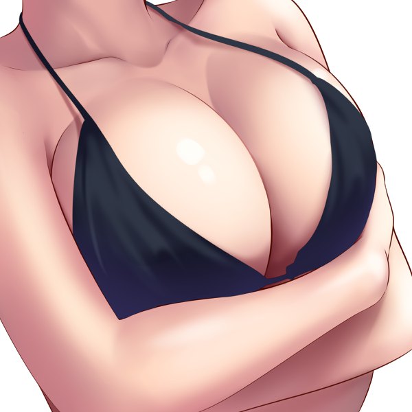 Anime picture 2400x2400 with original huyumitsu single highres breasts light erotic simple background large breasts white background cleavage arm support shiny skin close-up crossed arms head out of frame breast hold strap gap girl bikini top
