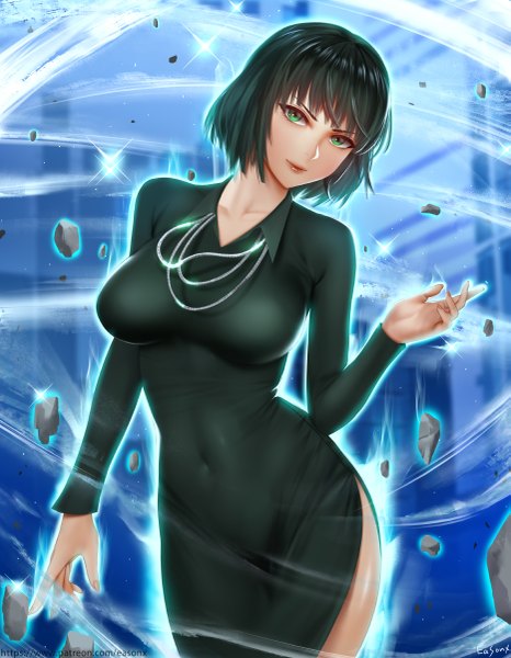 Anime picture 933x1200 with one-punch man madhouse fubuki (one-punch man) eason single tall image looking at viewer blush fringe short hair breasts light erotic large breasts green eyes signed green hair wind lips covered navel watermark