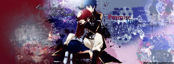 Anime picture 1350x500 with fairy tail erza scarlet jellal fernandes xpjames long hair short hair wide image blue hair red hair eyes closed pleated skirt inscription hug kneeling face paint girl boy armor pants cloak