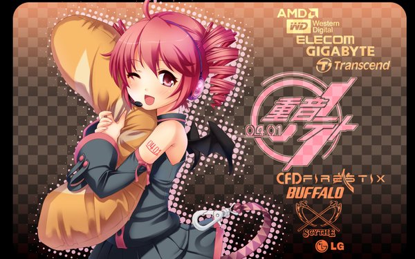 Anime picture 1680x1050 with utau kasane teto yumeno mikan blush open mouth wide image twintails pink hair pink eyes tattoo drill hair short twintails bat wings logo headphones microphone
