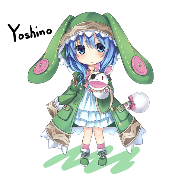 イラスト 1000x1000 と デート・ア・ライブ yoshino (date a live) よしのん 神楽ゆう ソロ 長髪 赤面 青い目 白背景 青い髪 ちび 女の子 ドレス フード hand puppet