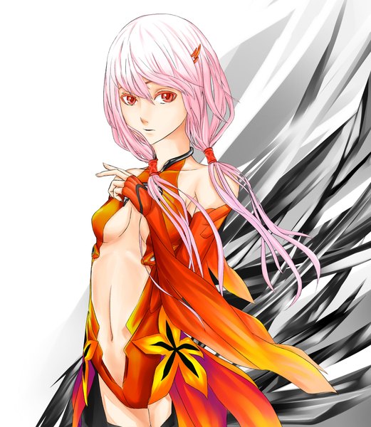 Anime picture 2000x2300 with guilty crown production i.g yuzuriha inori iceliss (artist) long hair tall image looking at viewer highres breasts light erotic red eyes twintails pink hair low twintails center opening girl navel hair ornament flower (flowers) hairclip