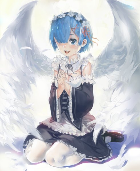 Anime picture 805x985 with re:zero kara hajimeru isekai seikatsu white fox rem (re:zero) zrero single tall image looking at viewer blush fringe short hair breasts open mouth blue eyes simple background smile white background sitting blue hair bent knee (knees) blunt bangs