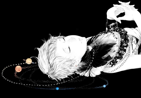 Anime picture 1300x907 with original sousou (sousouworks) single short hair simple background white hair lying eyes closed on back black background personification spot color girl jewelry saturn jupiter uranus (planet) neptune (planet)