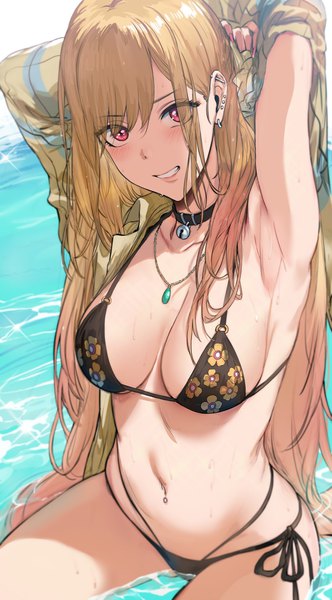 Anime picture 992x1793 with sono bisque doll wa koi wo suru cloverworks kitagawa marin hews single long hair tall image looking at viewer blush fringe breasts light erotic blonde hair smile large breasts sitting outdoors pink eyes arms up armpit (armpits)