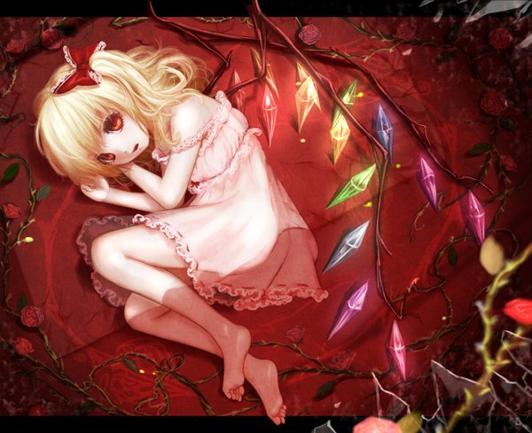 Anime picture 1400x1140 with touhou flandre scarlet bankyuu (hoshibuchi) single long hair looking at viewer open mouth light erotic blonde hair red eyes bare shoulders lying barefoot off shoulder bare legs one side up on side letterboxed strap slip girl