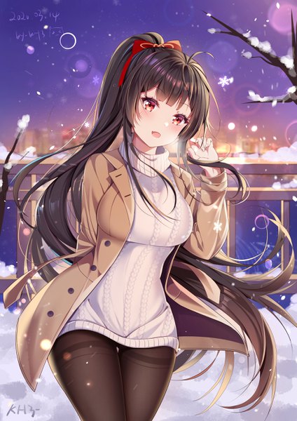 Anime picture 1821x2579 with azur lane agano (azur lane) miaogujun single long hair tall image looking at viewer blush fringe highres breasts open mouth red eyes brown hair large breasts standing signed sky ahoge outdoors