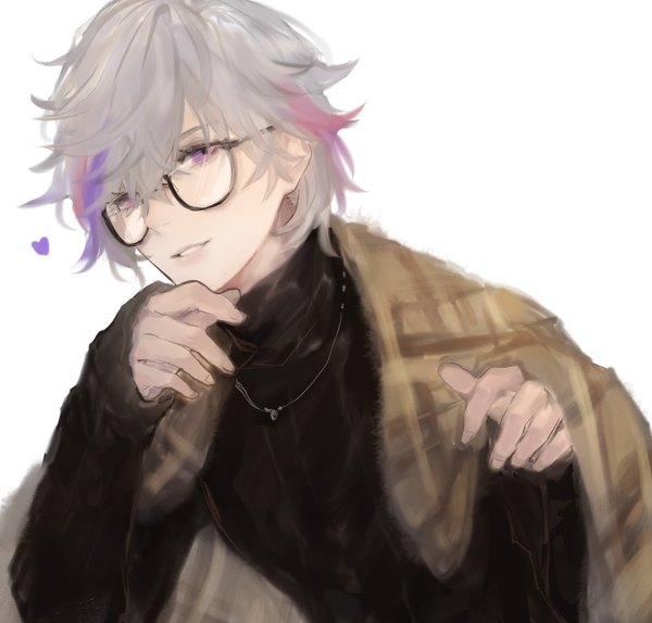 Anime picture 847x810 with virtual youtuber nijisanji fuwa minato reezel rose single looking at viewer short hair simple background white background purple eyes silver hair multicolored hair streaked hair sleeves past wrists boy glasses heart pendant turtleneck shawl