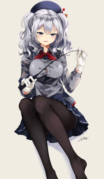 Anime picture 874x1500 with kantai collection kashima training cruiser neko (yanshoujie) single long hair tall image looking at viewer blush open mouth blue eyes light erotic silver hair girl skirt gloves miniskirt pantyhose white gloves