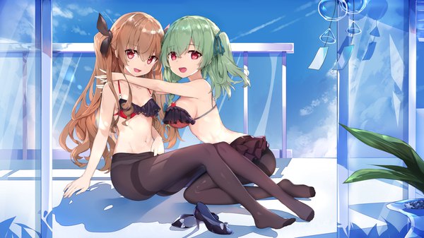 Anime picture 4535x2551 with virtual youtuber lucca project qianling sr huanxiang koudai long hair looking at viewer fringe highres breasts open mouth light erotic hair between eyes red eyes brown hair wide image large breasts sitting multiple girls absurdres sky