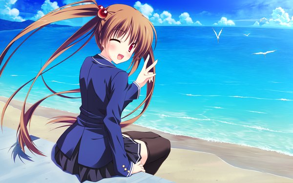 Anime picture 1920x1200 with hinata nao highres red eyes brown hair wide image twintails beach girl water serafuku sea