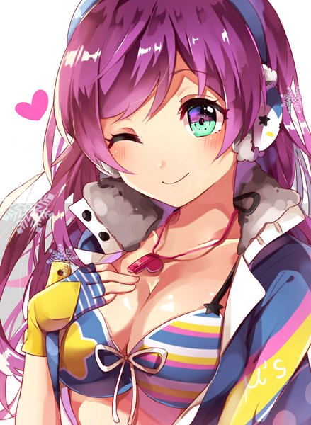 Anime picture 753x1029 with love live! school idol project sunrise (studio) love live! toujou nozomi goroo (eneosu) single long hair tall image looking at viewer blush fringe breasts light erotic simple background smile large breasts purple hair head tilt one eye closed wink