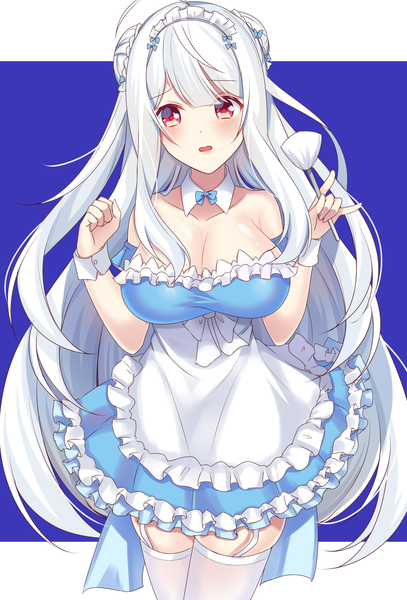Anime picture 1200x1767 with azur lane cygnet (azur lane) cygnet (offer has been maid) (azur lane) vanivivi single long hair tall image looking at viewer blush fringe breasts open mouth light erotic simple background red eyes large breasts standing bare shoulders holding payot